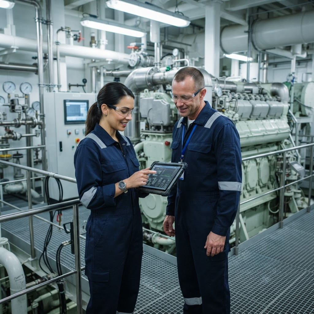 Marine engineers reviewing vessel data