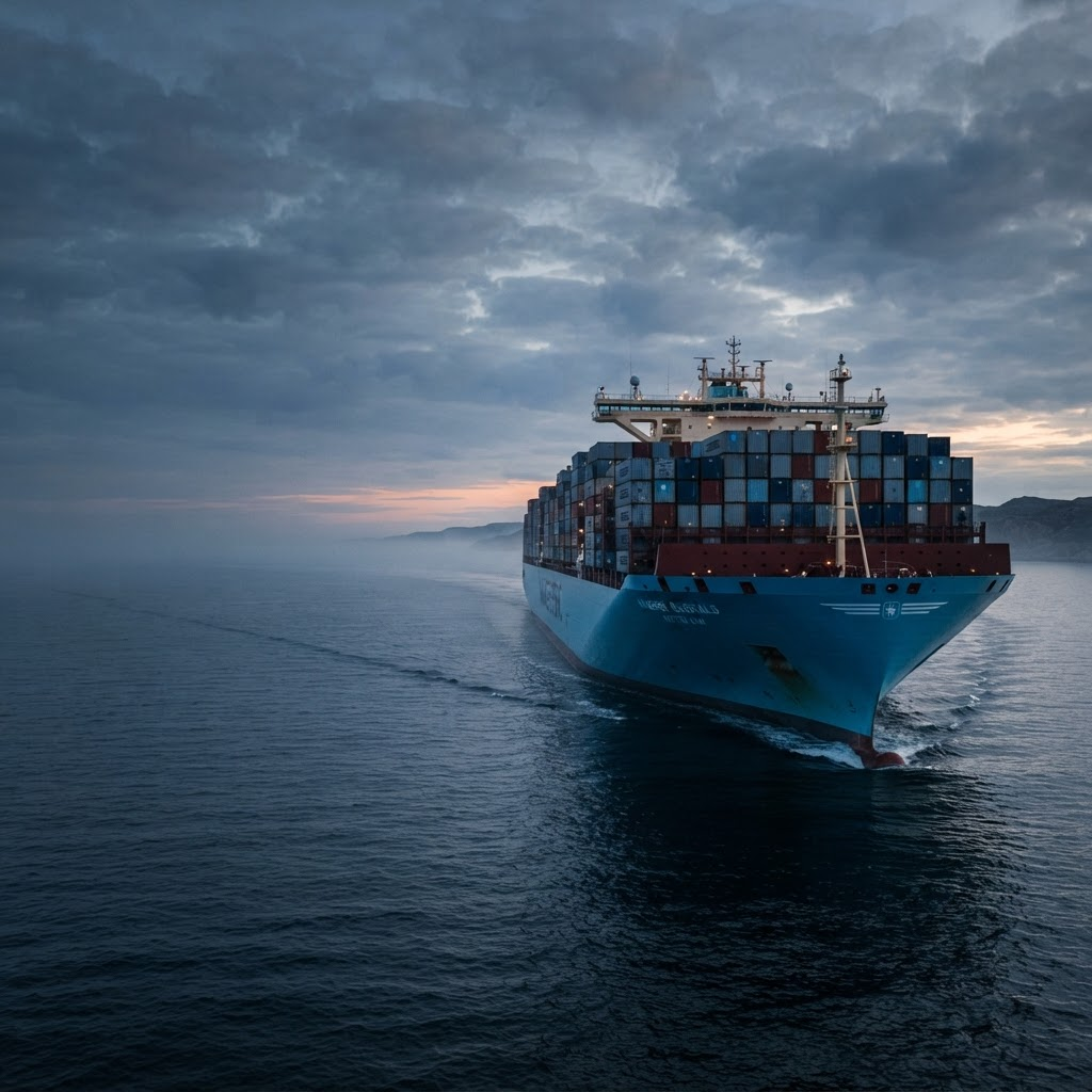 Modern commercial vessel sailing at dawn